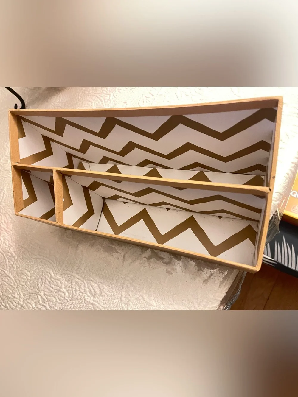 Two Zebra Print Fabric Drawer Organizer & Chevron Jewelry Organizer.